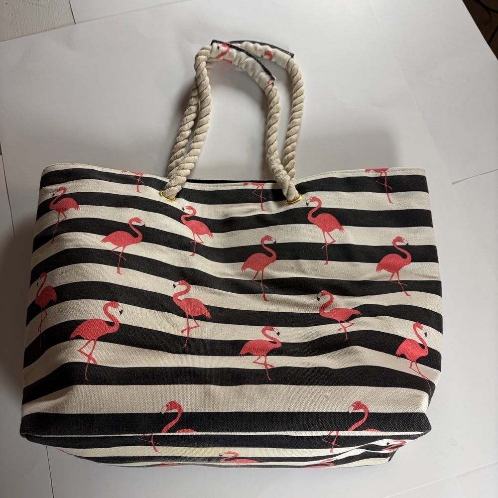 Flamingo Stripe Canvas Beach Tote Rope Handles